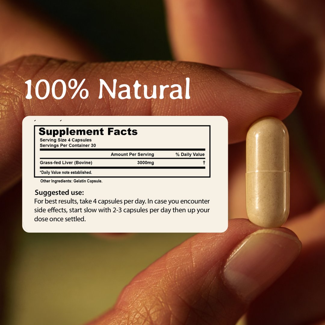 100% natural: supplement facts panel and suggested use beside a capsule held between two fingers