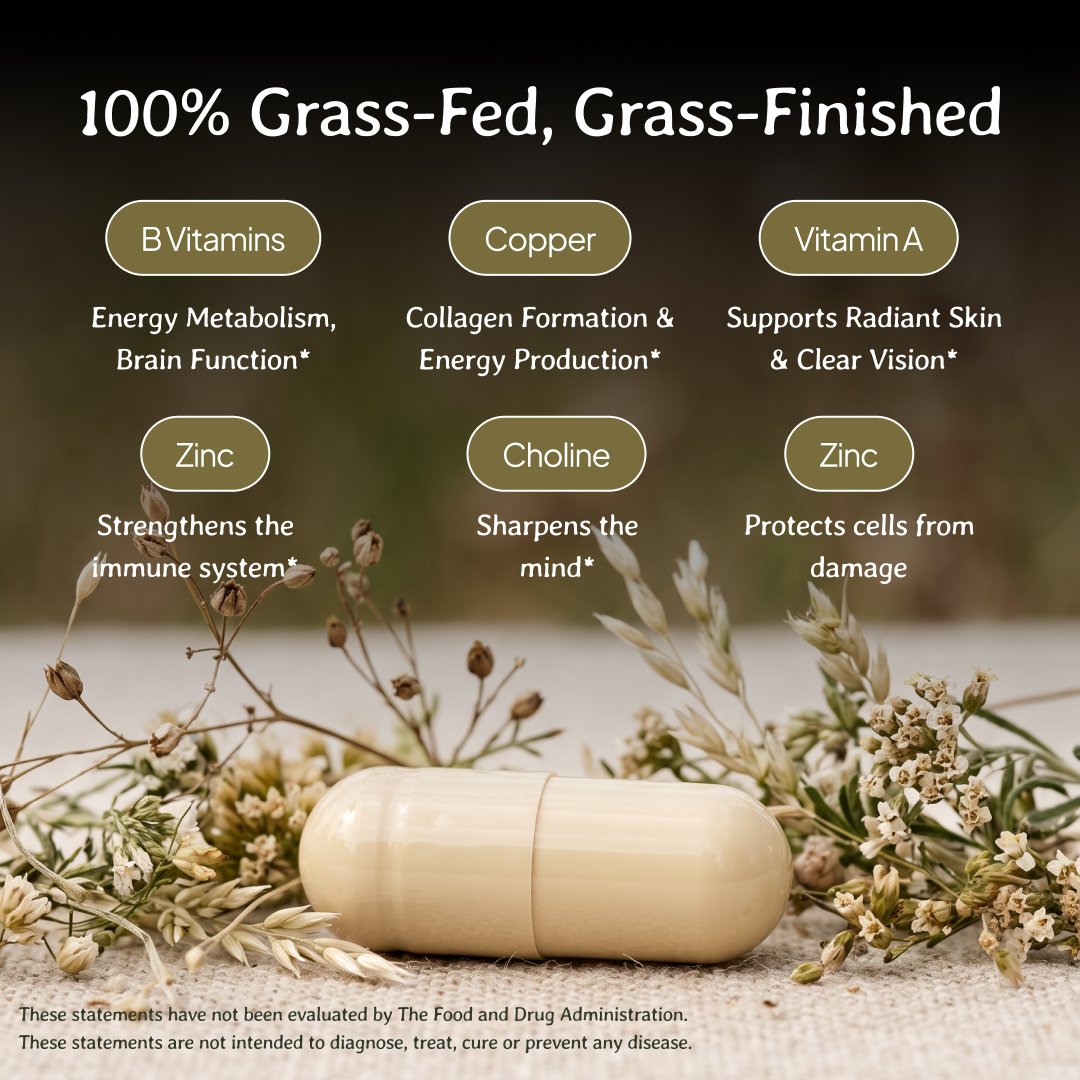 100% grass-fed, grass-finished: B vitamins, copper, vitamin A, zinc and choline and what each supports, above a capsule