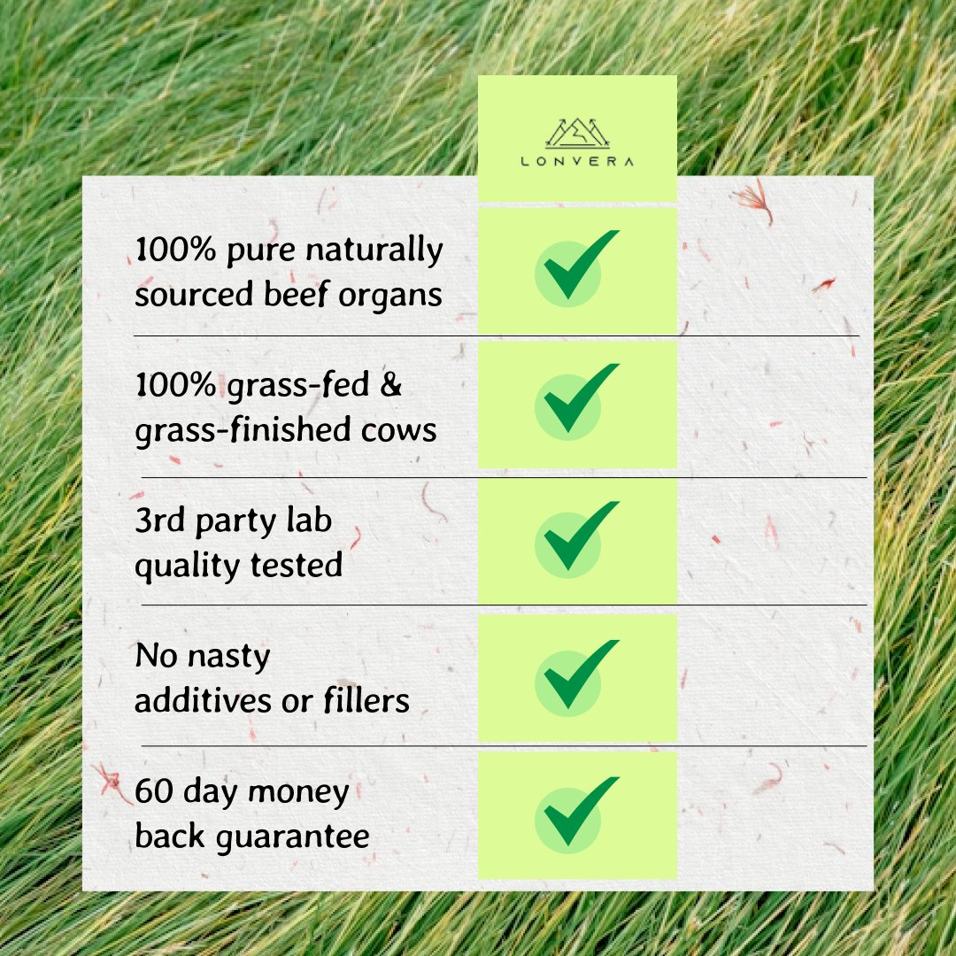 Checklist: 100% pure naturally sourced beef organs, 100% grass-fed and grass-finished cows, 3rd party lab quality tested, no nasty additives or fillers, 60 day money back guarantee