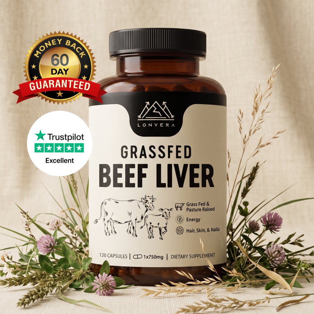 Lonvera Grassfed Beef Liver bottle among wild grasses with 60 day money back guaranteed seal and Trustpilot Excellent badge