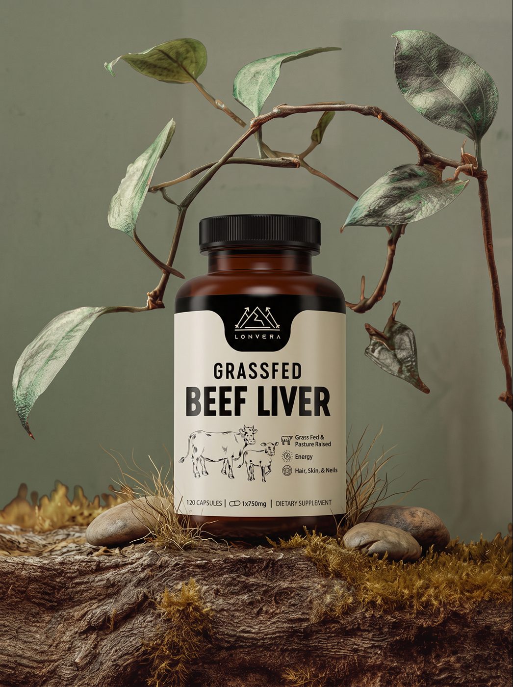 Grassfed Beef Liver bottle among branches, moss and river stones