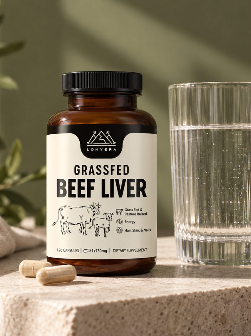 Grassfed Beef Liver bottle beside a glass of water and two capsules on a stone ledge